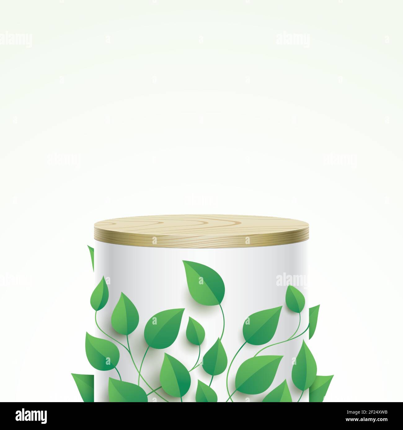 An abstract ecological scene with tube shape display stage covered with green leaves. Oval form aesthetic white column with wooden cover, and free space for an object, product, or text placement. Stock Vector