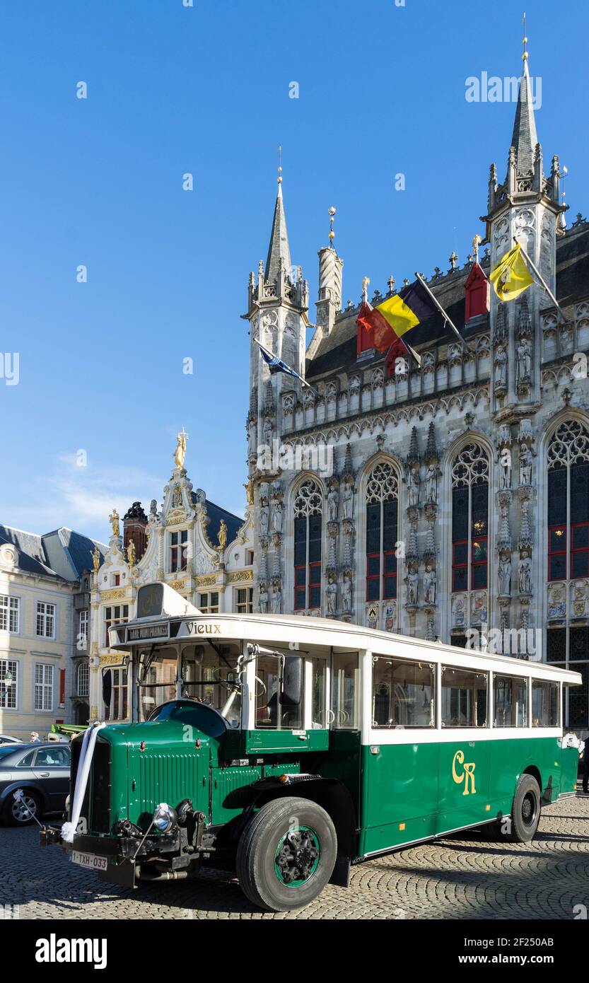 Old Bus outside the Provincial Palace in Bruges Stock Photo