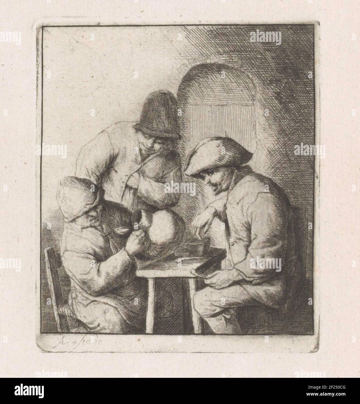 Drie mannen met een lege kruik.The man who looks into the empty jug may be refers to a 'juggens viewer' or drunk. The gesture of the standing man behind him, a hand in his shirt, was associated with laziness. This print is part of an album. Stock Photo
