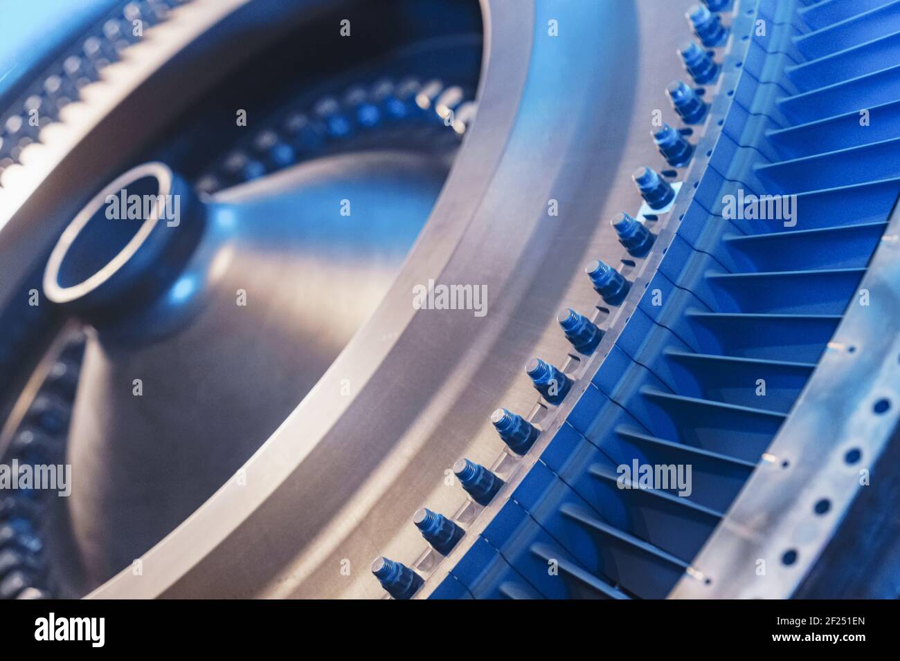 Turbine generator rotor with blades and discs, interior view. Elements, details and mechanisms