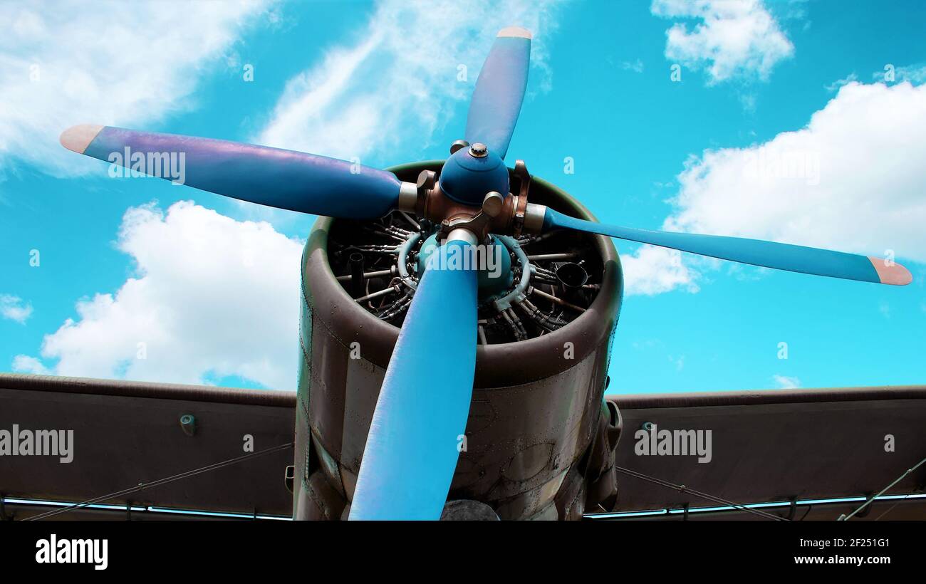 Airplane engine blades on a blue background. Classic aviation Stock Photo