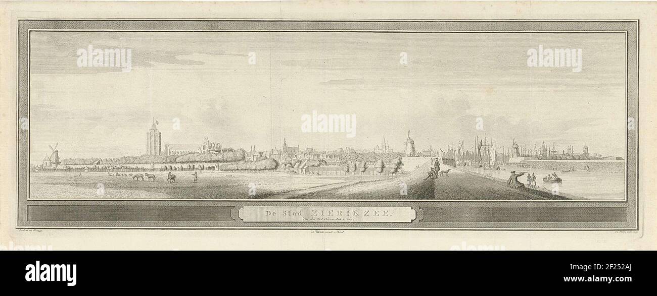 View of Zierikzee, seen from the Westhavendijk, with the Sint Lievensmonsterkerk on the left. In the situation around 1743. Stock Photo