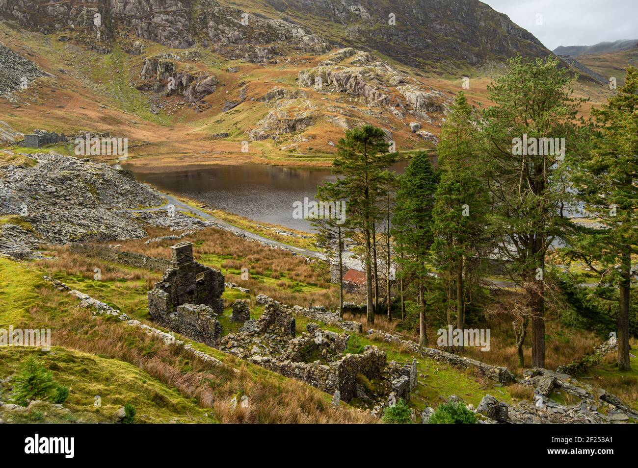 Ruined cottages in old slate quarry 1984 Stock Photo