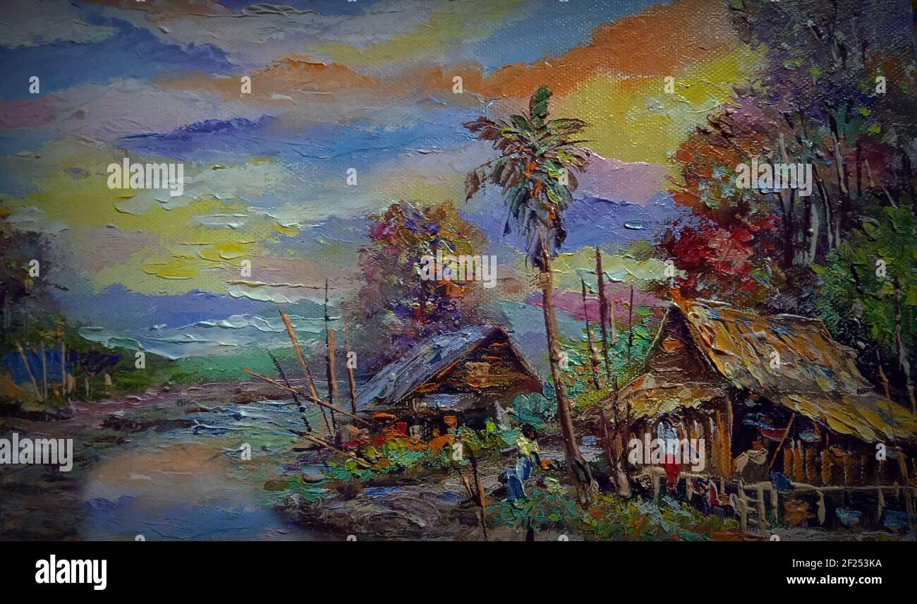 Art, painting ,Oil, color, Floating market  ,Hut ,northeast ,Thailand ,Countryside Stock Photo