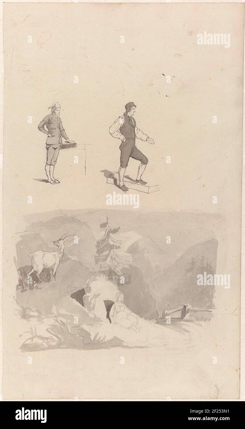 Studie van twee mannen en een berglandschap.Sketch sheet with study of two standing men, there is a study of a mountain landscape with a goat and a girl sitting under a tree. Stock Photo
