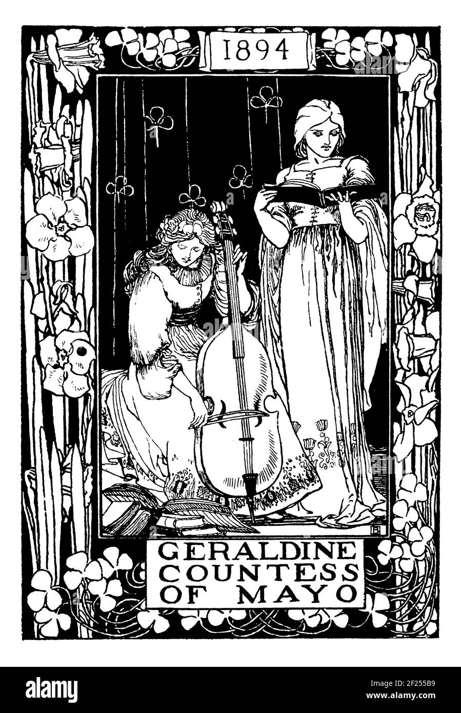 Ill12941894 bookplate depicting music and reading in garden, designed for Geraldine, Countess of Mayo by British illustrator Robert Anning Bell Stock Photo
