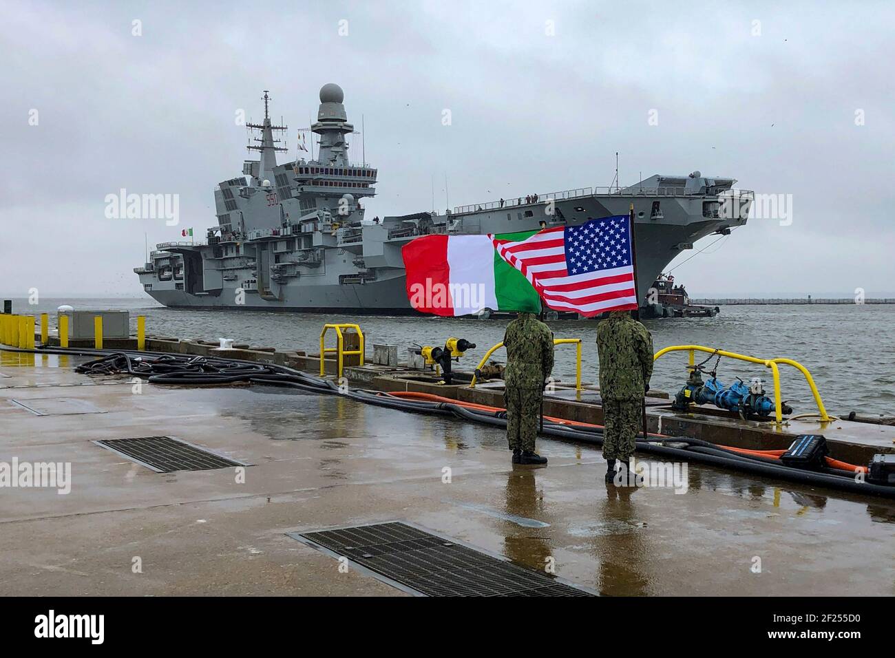 Italian Navy flagship aircraft carrier ITS Cavour arrives at U.S. Naval Station Norfolk for a port visit February 13, 2021 in Norfolk, Virginia. The Cavour, a short takeoff and vertical landing carrier will be taking part in F-35B STOVL aircraft qualifications with the U.S. Marine Corps. Stock Photo