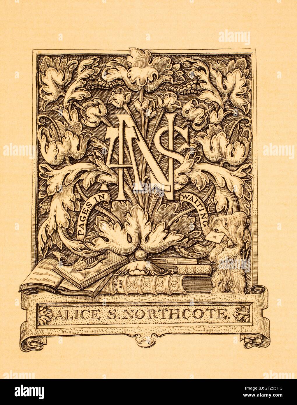 Pages in Waiting, bookplate engraved on copper for Alice S Northcote, engraving by the ‘Victorian little master’, Charles William Sherborn Stock Photo