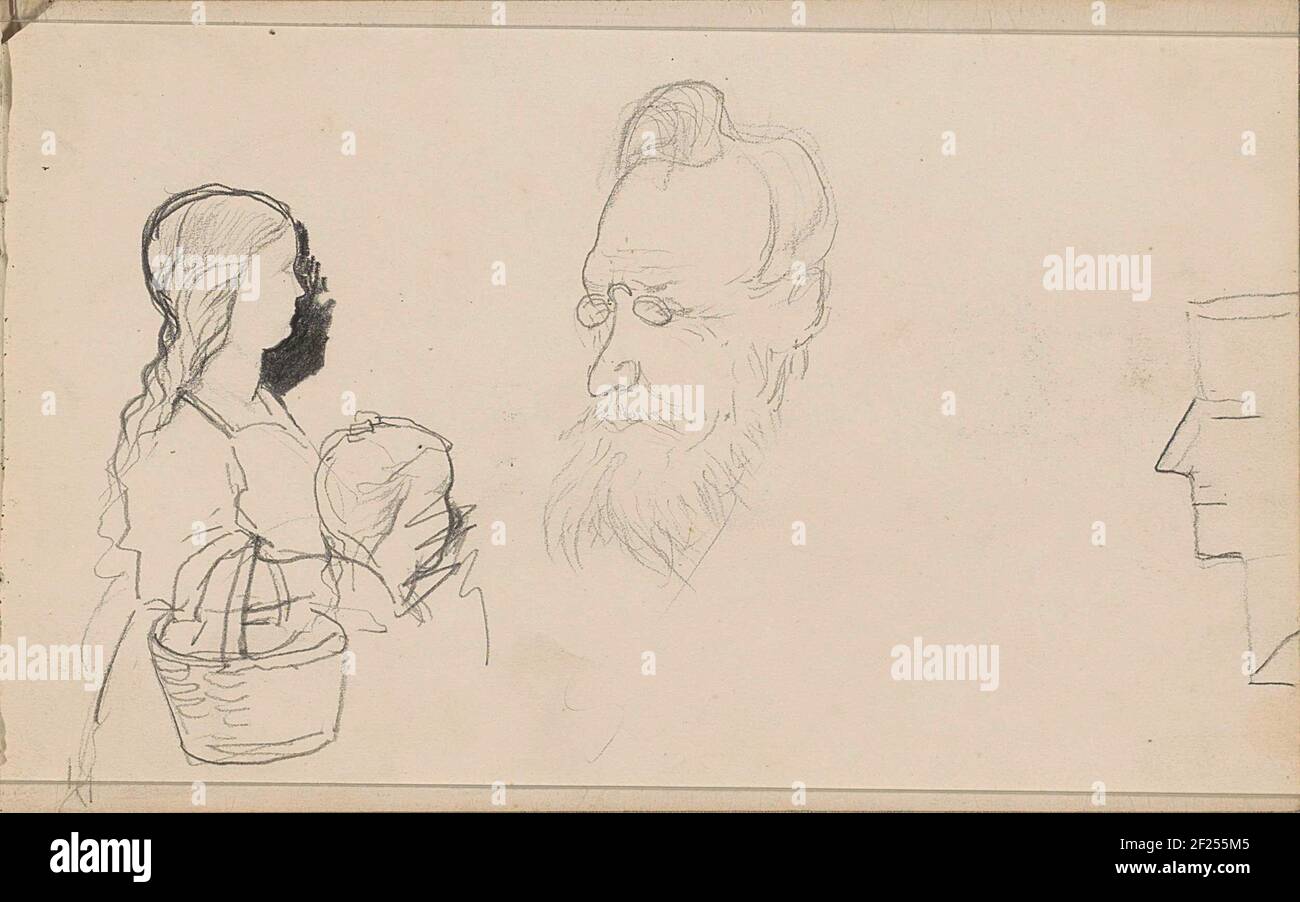 Girl with a basket around her arm and a cup of a man with a Pince-Nez and a  beard. Also a study of a head consisting or geometric forms. Leaf 42 Recto