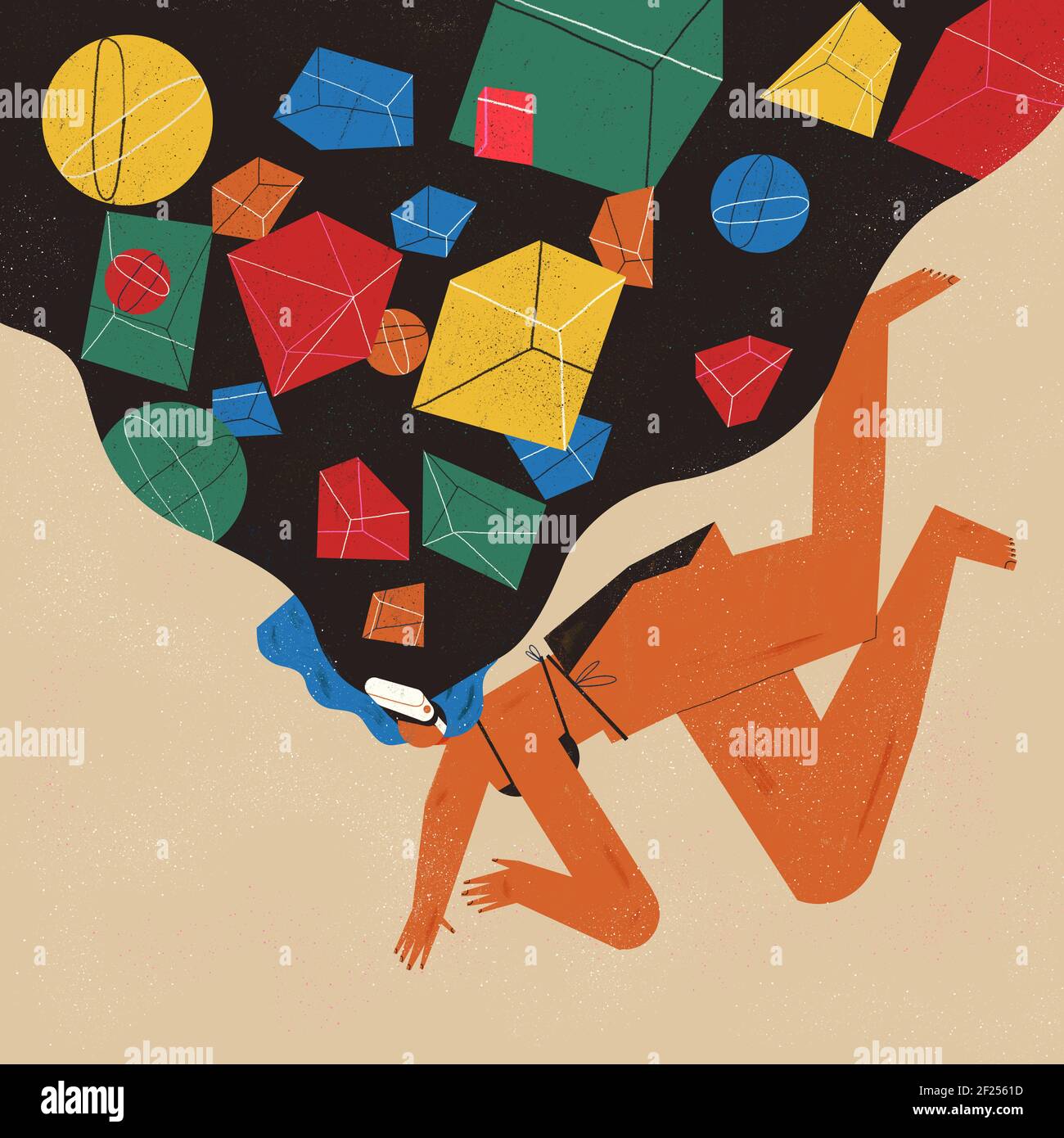 Young user woman with a VR headset visualizes and experiences with a