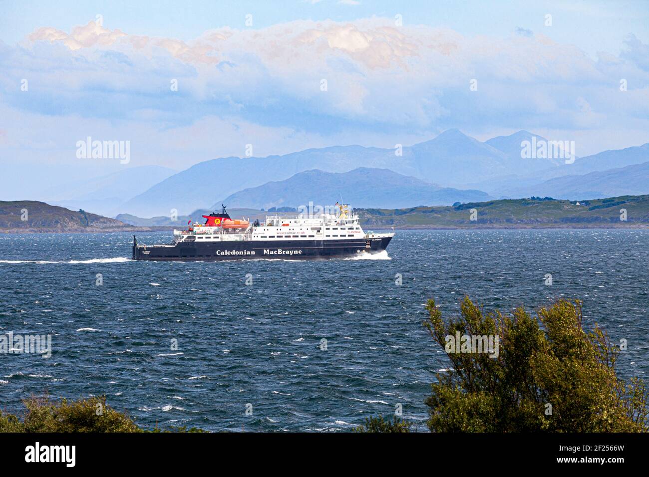 Caledonian MacBrayne ferry 'Clansman' leaving the Isle of Mull and heading back to the Scottish mainland at Oban over a choppy sea, Argyll and Bute Stock Photo