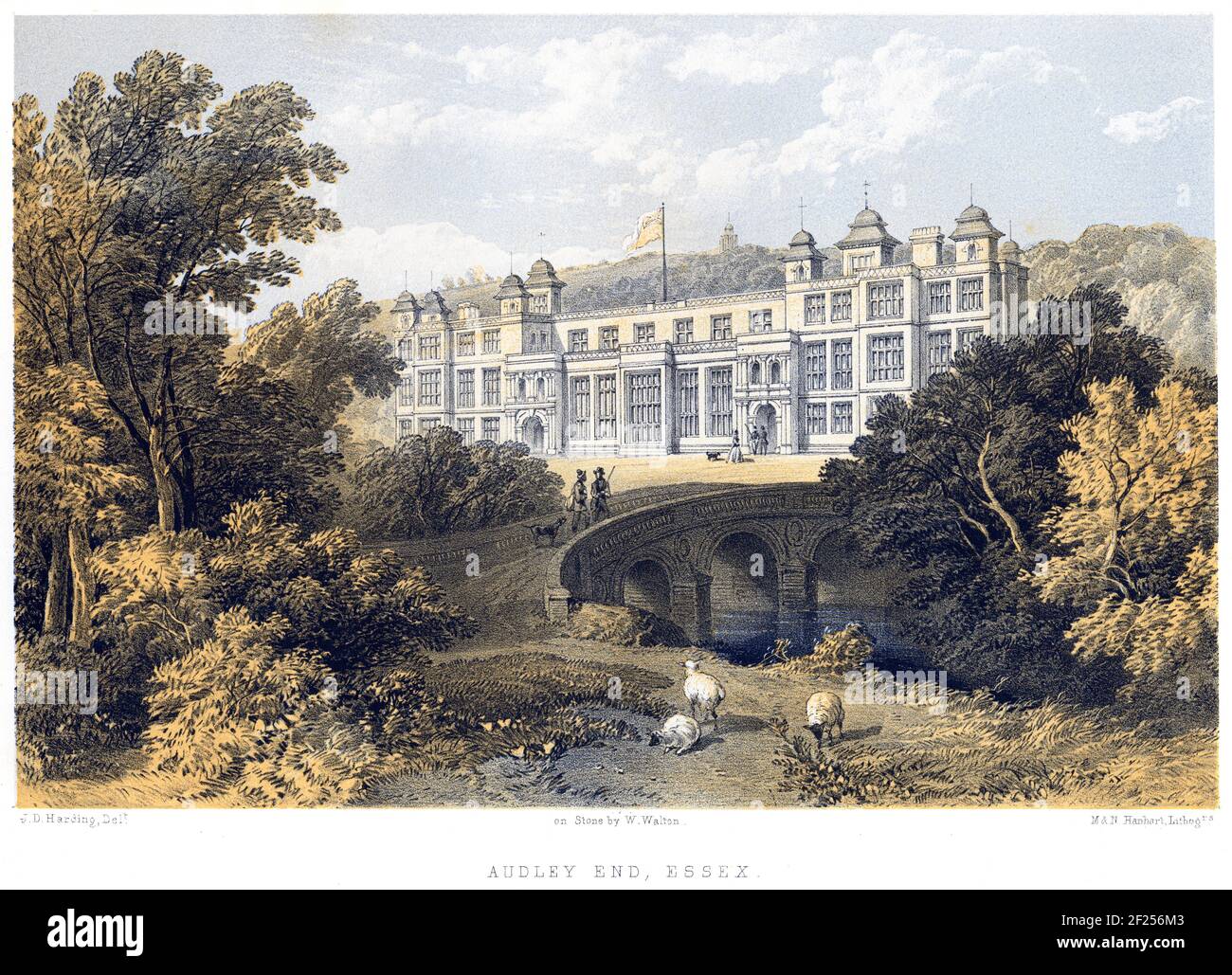 A lithotint of Audley End, Essex UK scanned at high resolution from a book printed in 1858. The artist J D Harding died in 1863. Stock Photo