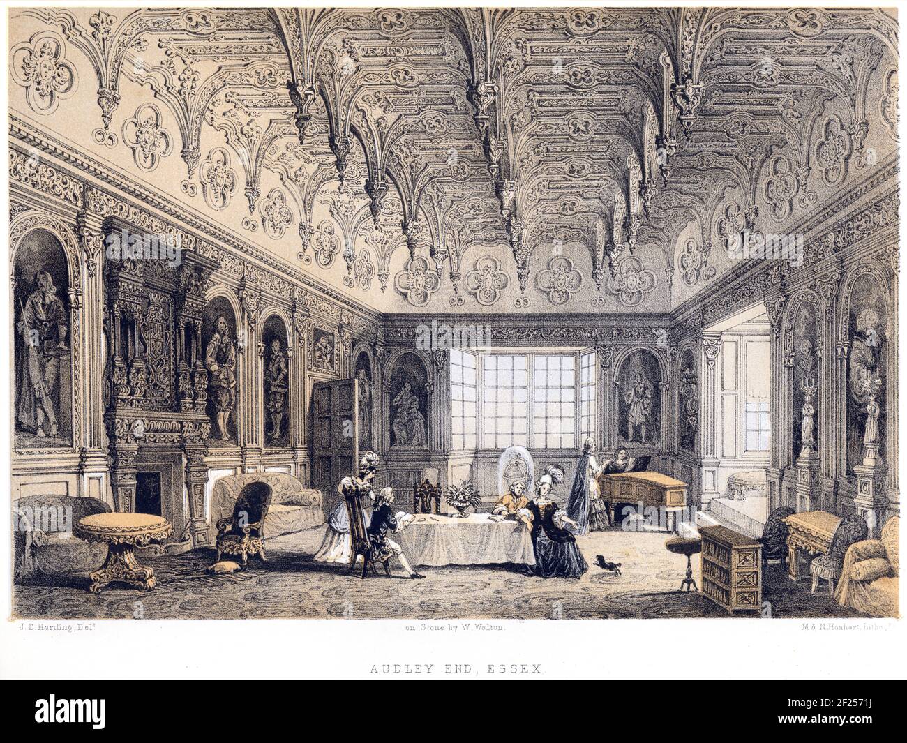 A lithotint of Audley End, Essex UK scanned at high resolution from a book printed in 1858. The artist J D Harding died in 1863. Stock Photo