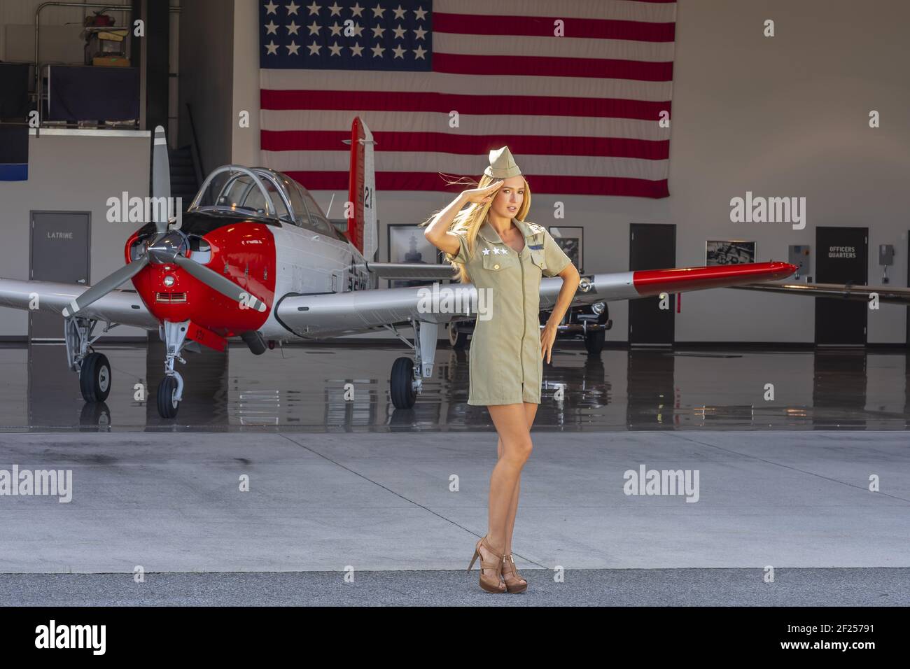 Lovely Blonde Model Posing With A Vintage World War II P-51 Mustang Stock Photo