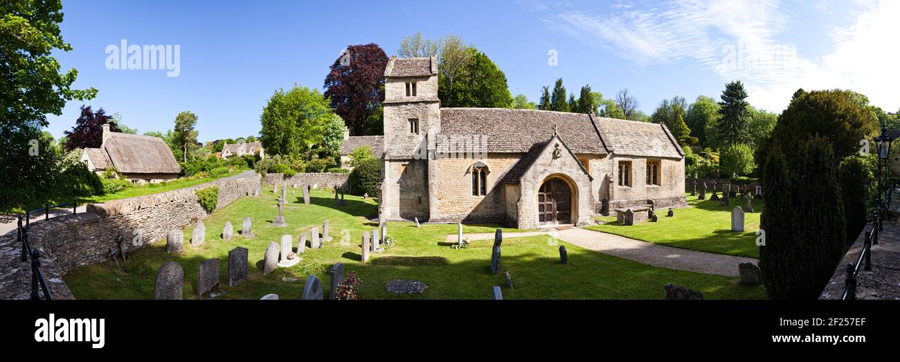 A panoramic view of St Margarets church (dating from around 1100 AD) in the Cotswold village of Bagendon, Gloucestershire UK - This picture is made fr Stock Photo
