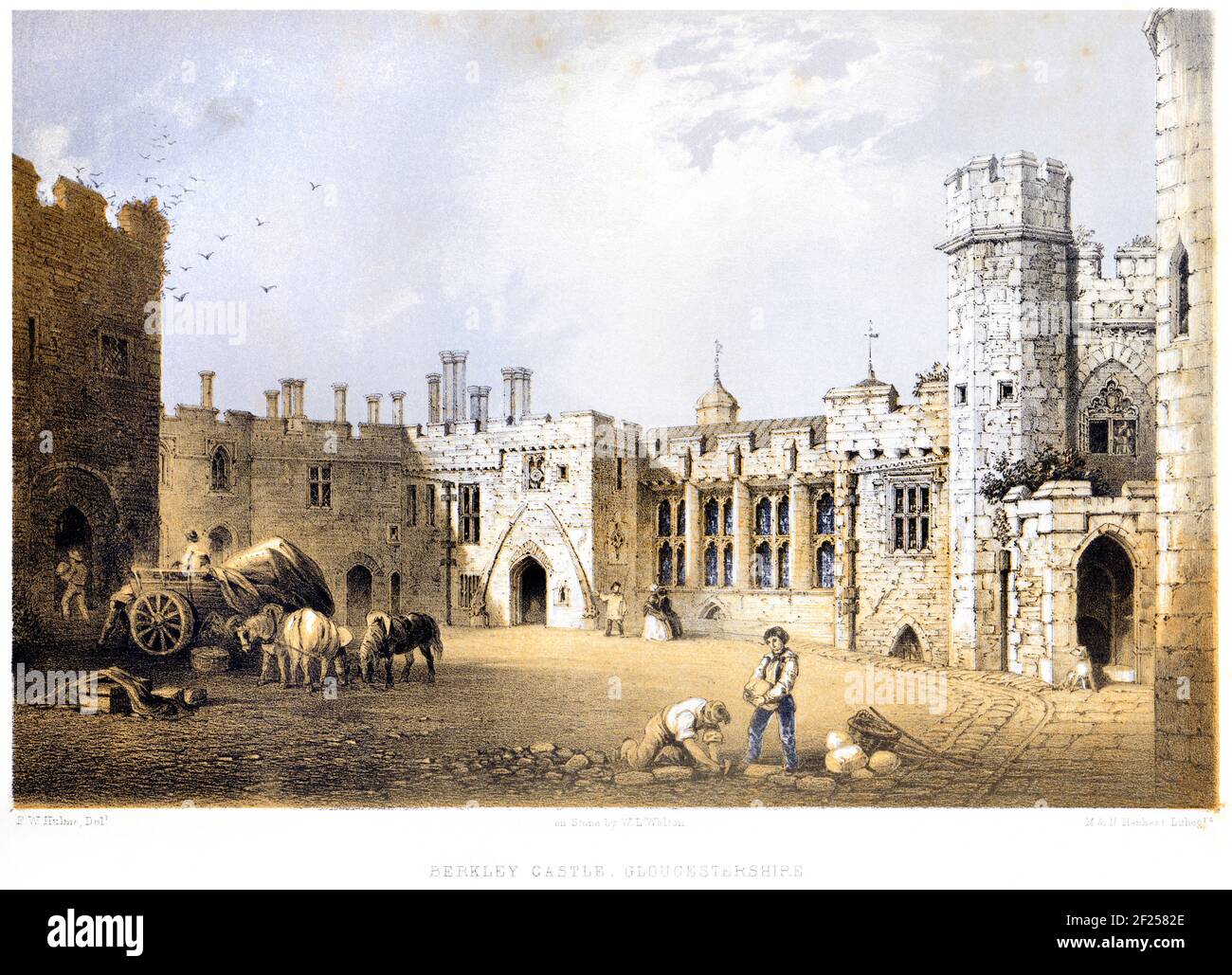 A lithotint of Berkeley Castle, Gloucestershire UK scanned at high resolution from a book printed in 1858. The artist F W Hulme died in 1884. This ima Stock Photo