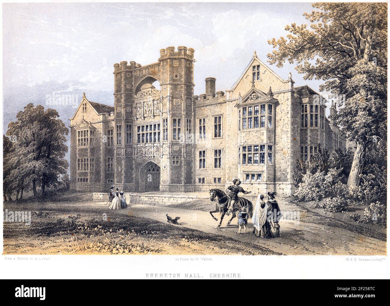 A lithotint of Brereton Hall, Cheshire scanned at high resolution from a book printed in 1858. This image is believed to be free of all historic copyr Stock Photo