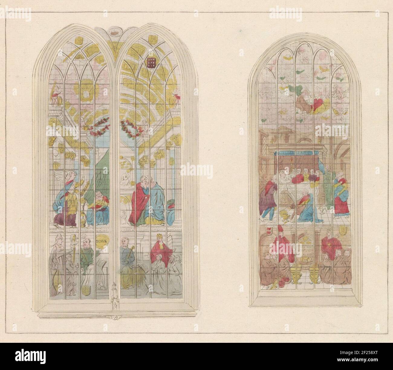 Glasramen in de Oude Kerk te Amsterdam, 1810-1825; Représentation des fameuses Vitres peintes de l'Eglise vieille.Three stained glass windows in the Oude Kerk in Amsterdam, ca. 1810-1825. Part of a sheet metal from approx. 1824-1825 with 74 (unnumbered) plates of the most important topographical faces and several morals and habits in the United Kingdom of the Netherlands. Stock Photo