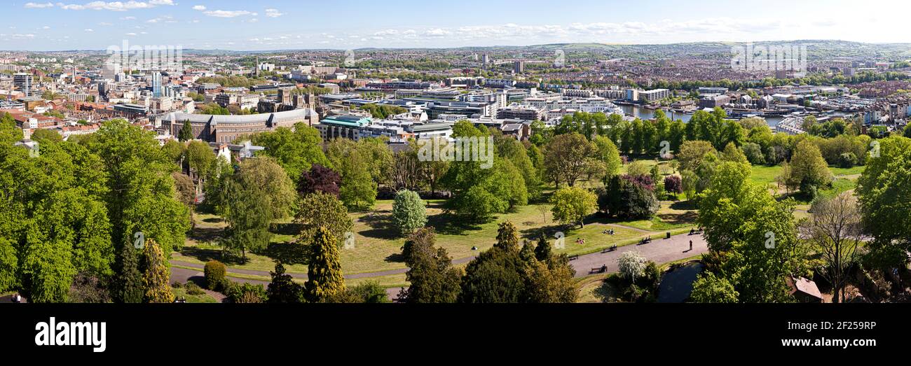 A panoramic view of central Bristol and Bristol Docks UK - viewed from Cabot Tower in Brandon Hill Park, Bristol UK Stock Photo