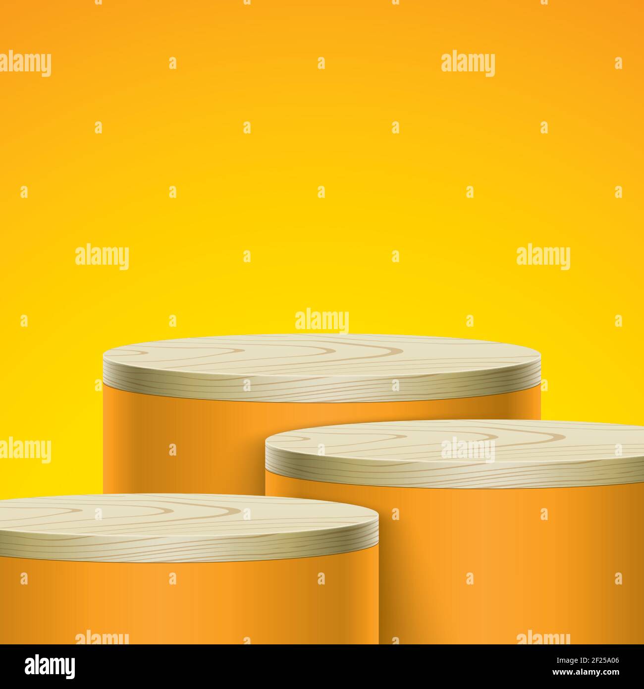 Abstract vector scene with orange color display stands, on a gradient orange background. Group of 3 cylinder shape columns with wooden cover, with free space for an object, product, or text placement. Stock Vector
