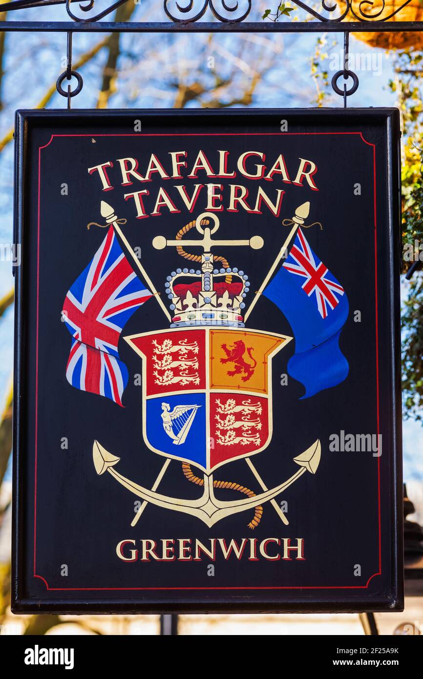 England, London, Greenwich, Trafalgar Tavern Pub Sign Stock Photo