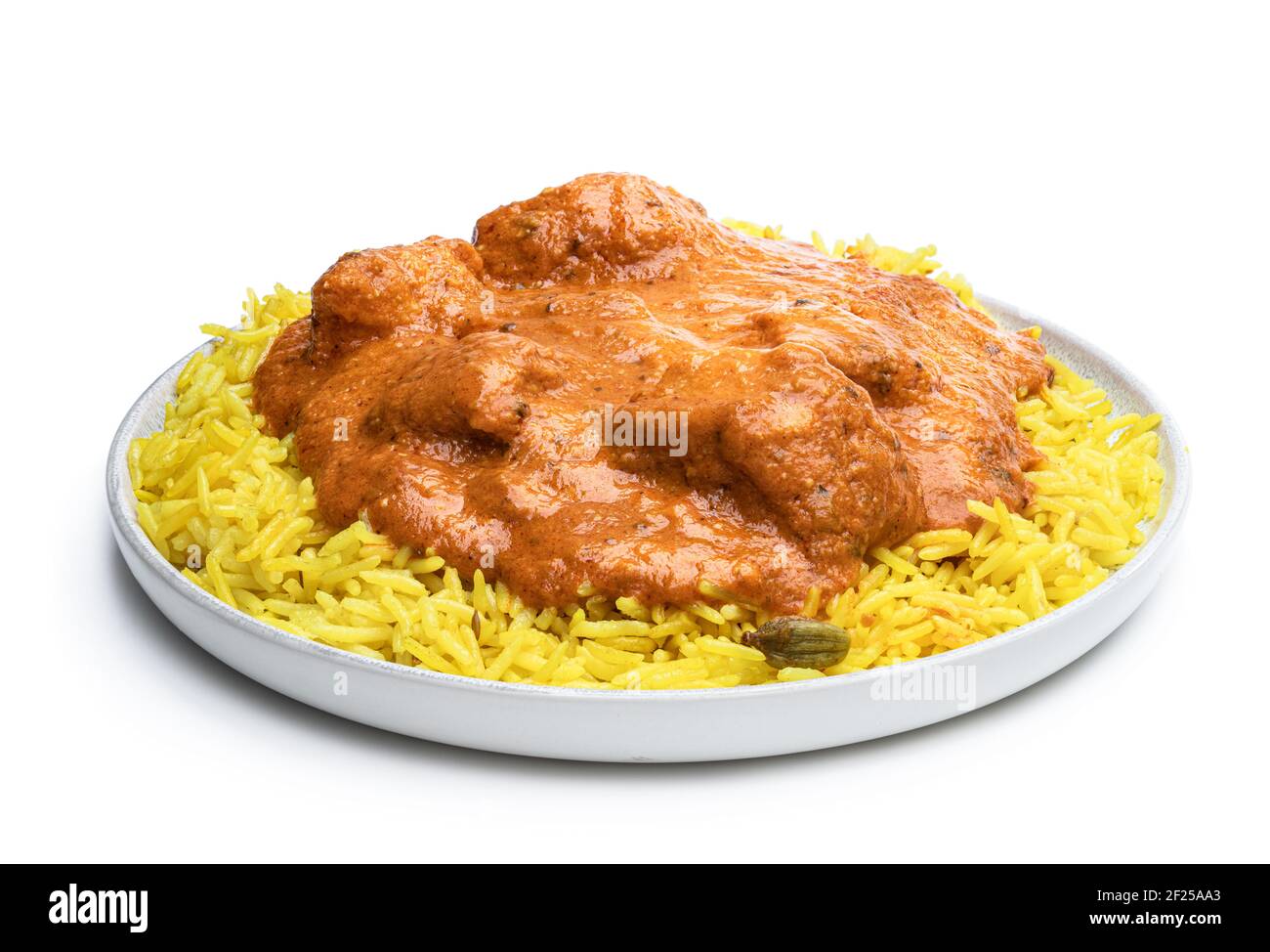 Chicken Tikka Masala with pilau rice isolated on white Stock Photo Alamy