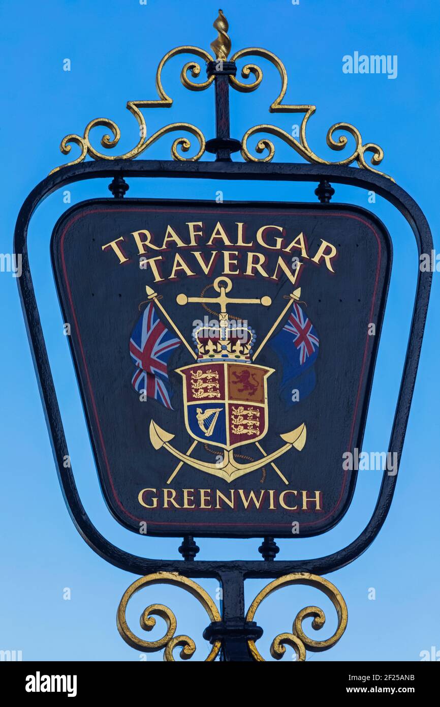 England, London, Greenwich, Trafalgar Tavern Pub Sign Stock Photo