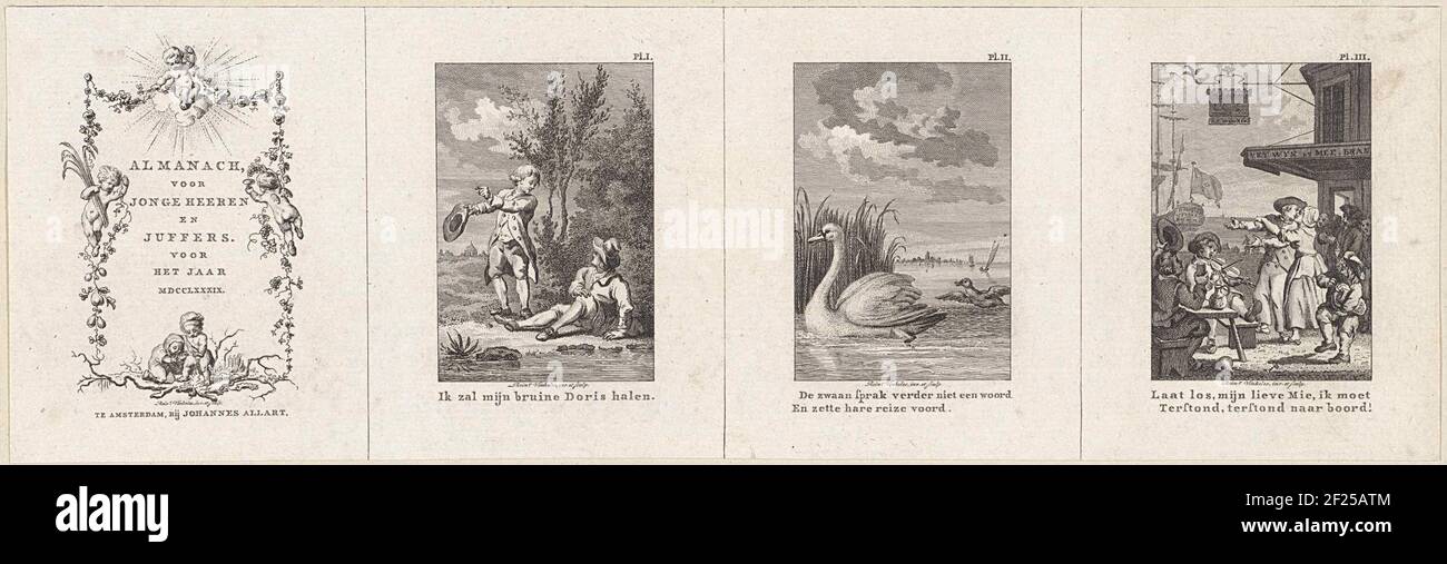 Title page for: Almanach, for young Heeren and Juffers, 1789 / Men at a stream / swan / farewell in the harbor.Title Page and Three Illustrations of a Plate for: Almanach, for Young Heeren and Juffers, 1789. The First Illustration Depicts Two Young men at a water. The Second Show Shows a Swan on a Lake. On The Last Illustration is a Port Face With A Man Who Says Goodbye to His Wife. Stock Photo