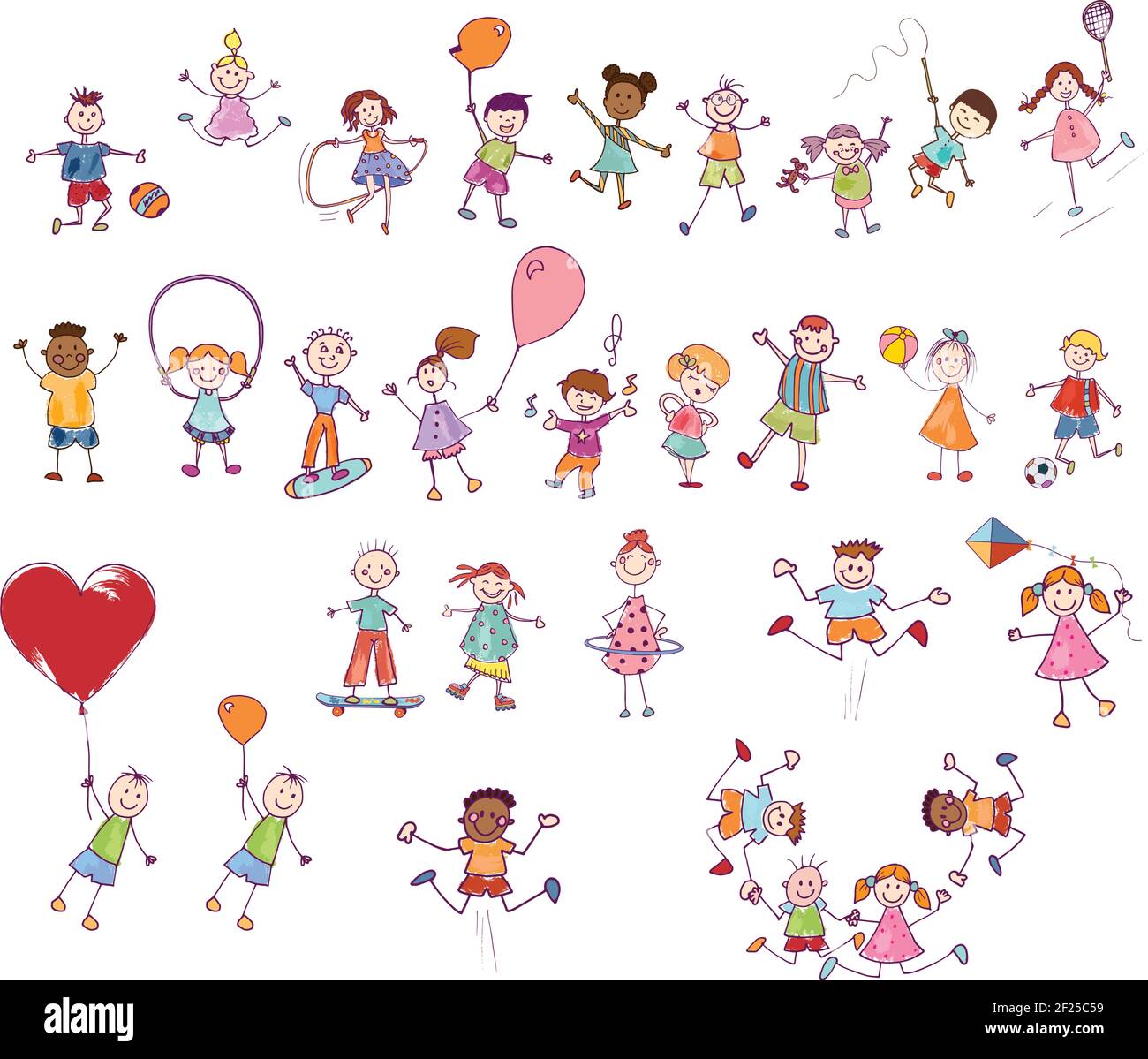 Cartoon set or collection of many multiethnic cute smiling children playing and jumping. Funny active and joyful kids. Diversity children.Kindergarten Stock Vector