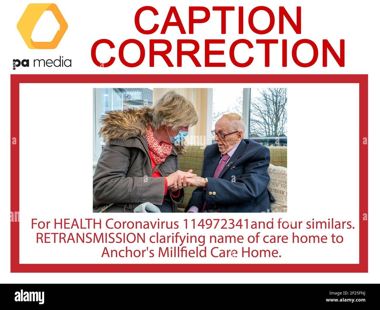 RETRANSMISSION clarifying name in HEALTH Coronavirus 114972341, and four similars, of care home to Anchor's Millfield Care Home. World War II veteran Eric Bradshaw is reunited with his daughter Ruth at Anchor's Millfield Care Home, Oldham, Greater Manchester, after the easing of lockdown restrictions to now allow care home visits to take place. Picture date: Wednesday March 10, 2021. Stock Photo