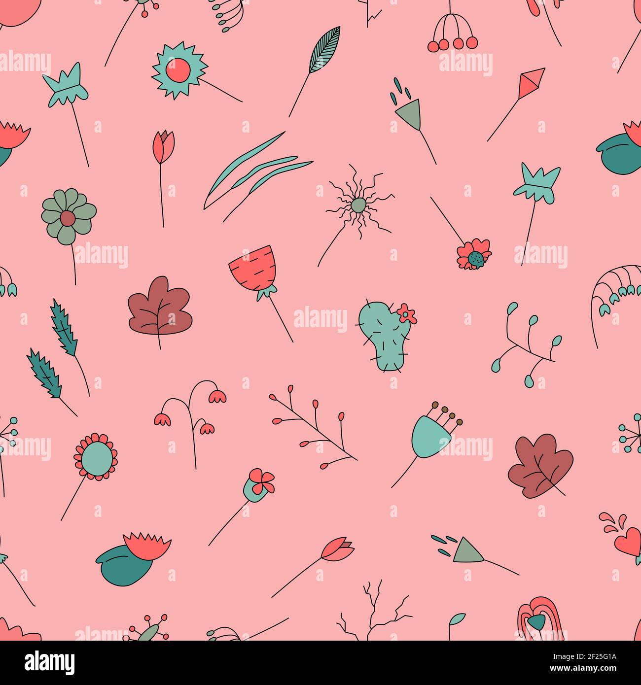 Pink seamless pattern with hand drawn floral botanical elements  Stock Vector