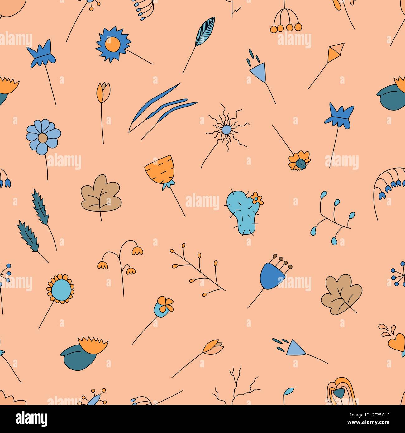 Orange seamless pattern with hand drawn floral botanical elements  Stock Vector