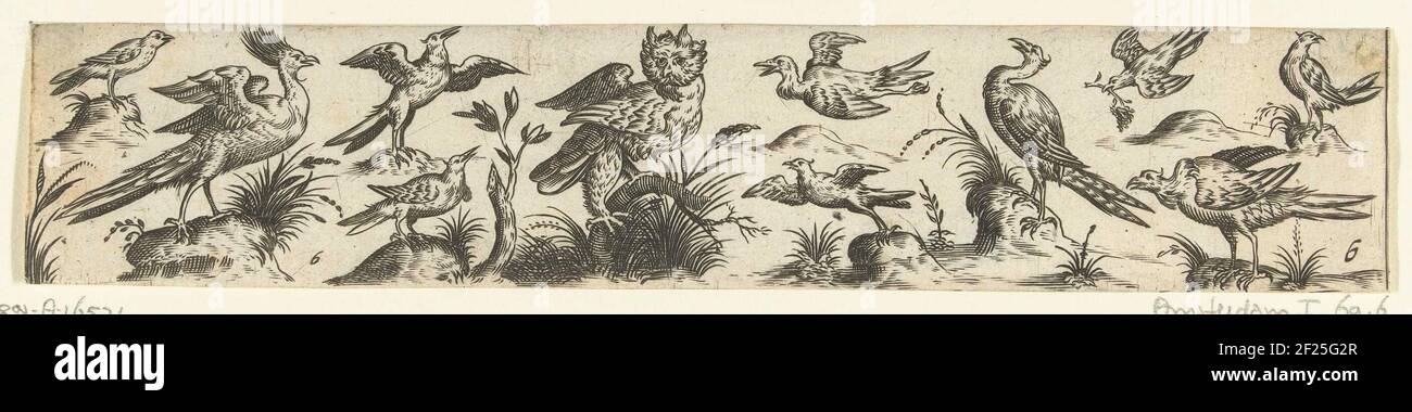 Fries met elf vogels, in het midden staat een uil; Friezen met vogels.To the right of the owl two birds fly, the rightmost with a twig in its beak. Leaf 6 from series of 12 numbered sheets. Stock Photo