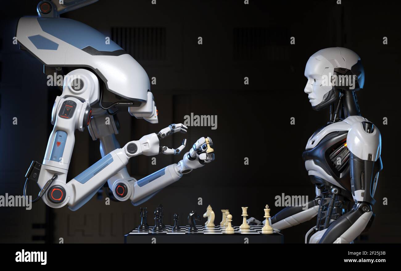 Sci-Fi Industrial robot playing a game of chess with cyborg. 3D illustration Stock Photo