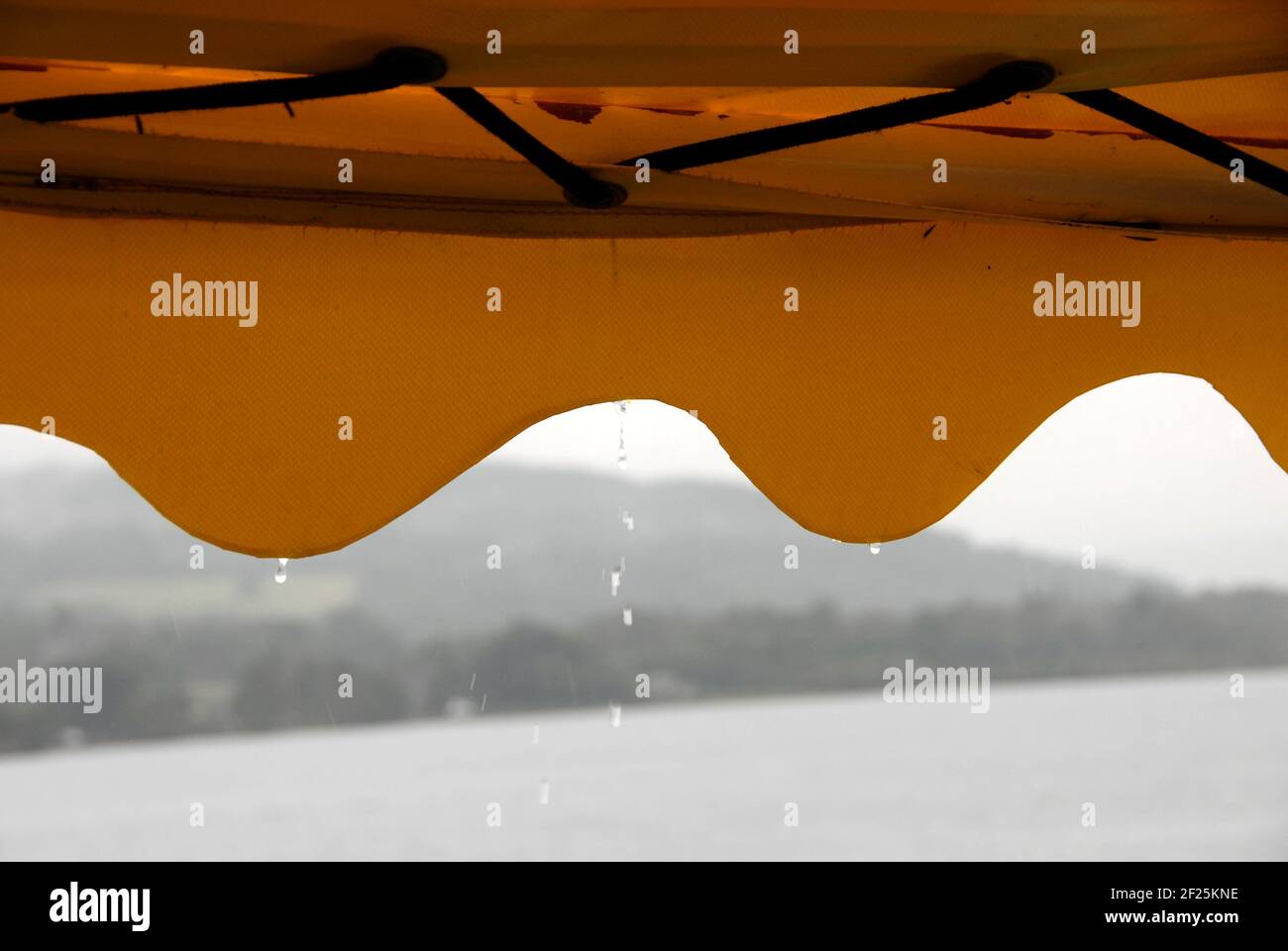 Rain dripping from awning during a boat trip on Loch Lomond, Scotland on a wet day Stock Photo