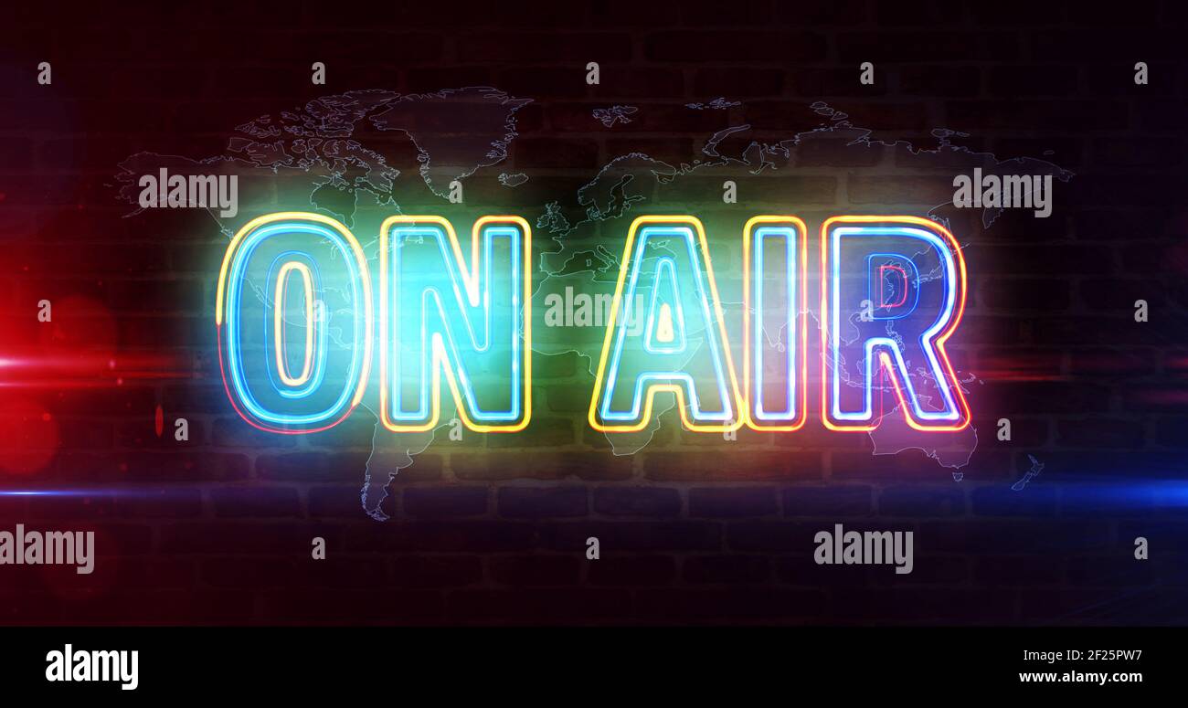 On air radio neon sign concept, television broadcast, media and studio music production. Glowing text. Futuristic 3d rendering illustration. Stock Photo
