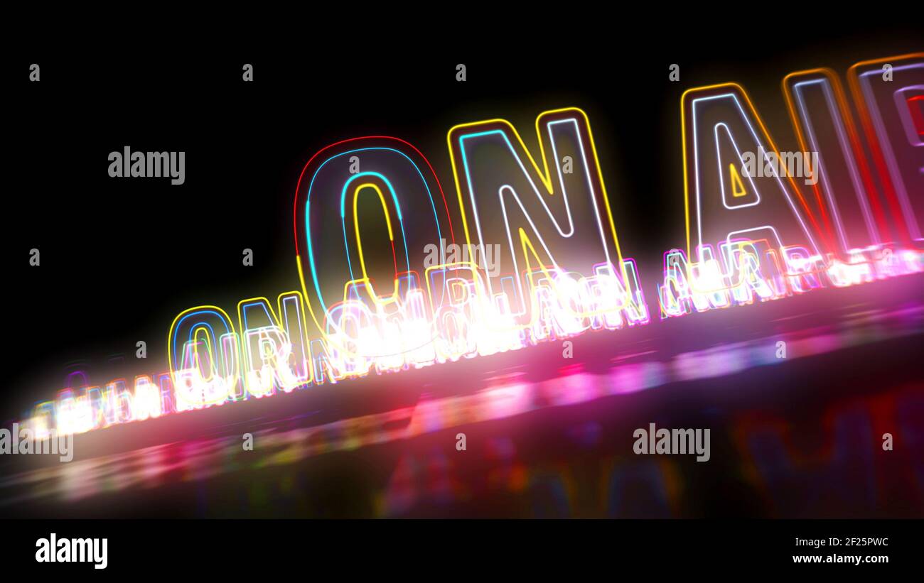 On air radio neon sign concept, television broadcast, media and studio music production. Glowing text. Futuristic 3d rendering illustration. Stock Photo