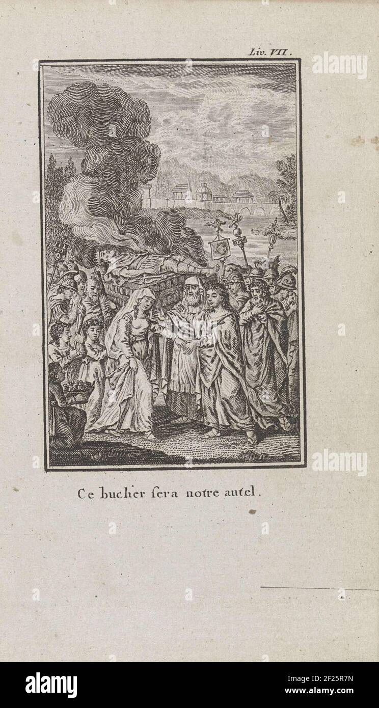 Titus Tatius, the king of the tabines, is cremated on a stake. His troops mourning around the fire. Numa comforts his daughter Tatia. In the background Rome. With a French caption. Stock Photo