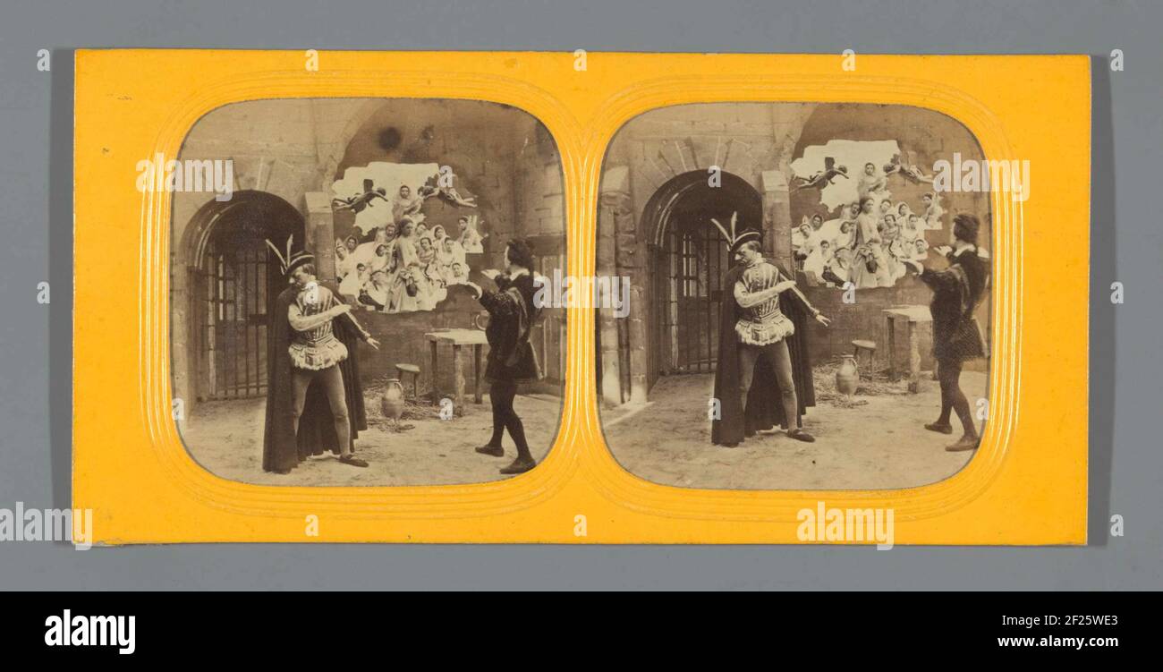 Scene in castle: two men in historic clothing with vision Stock Photo ...