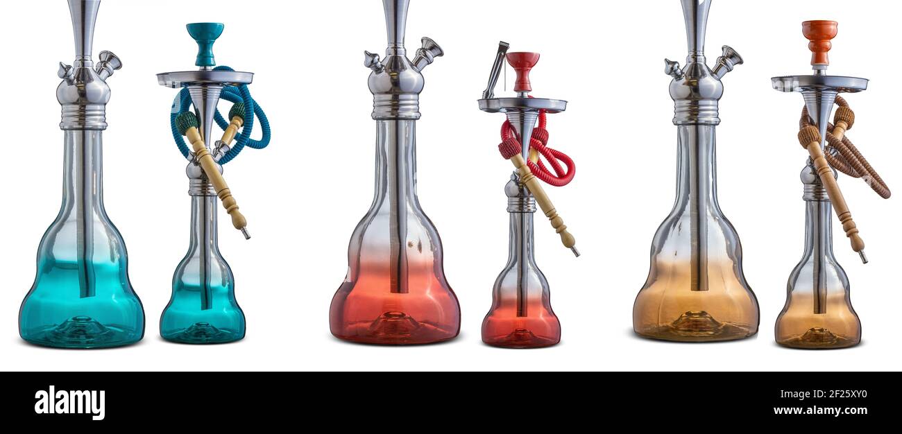 Colorfull sets of isolated hookah or water pipes on white background Stock Photo