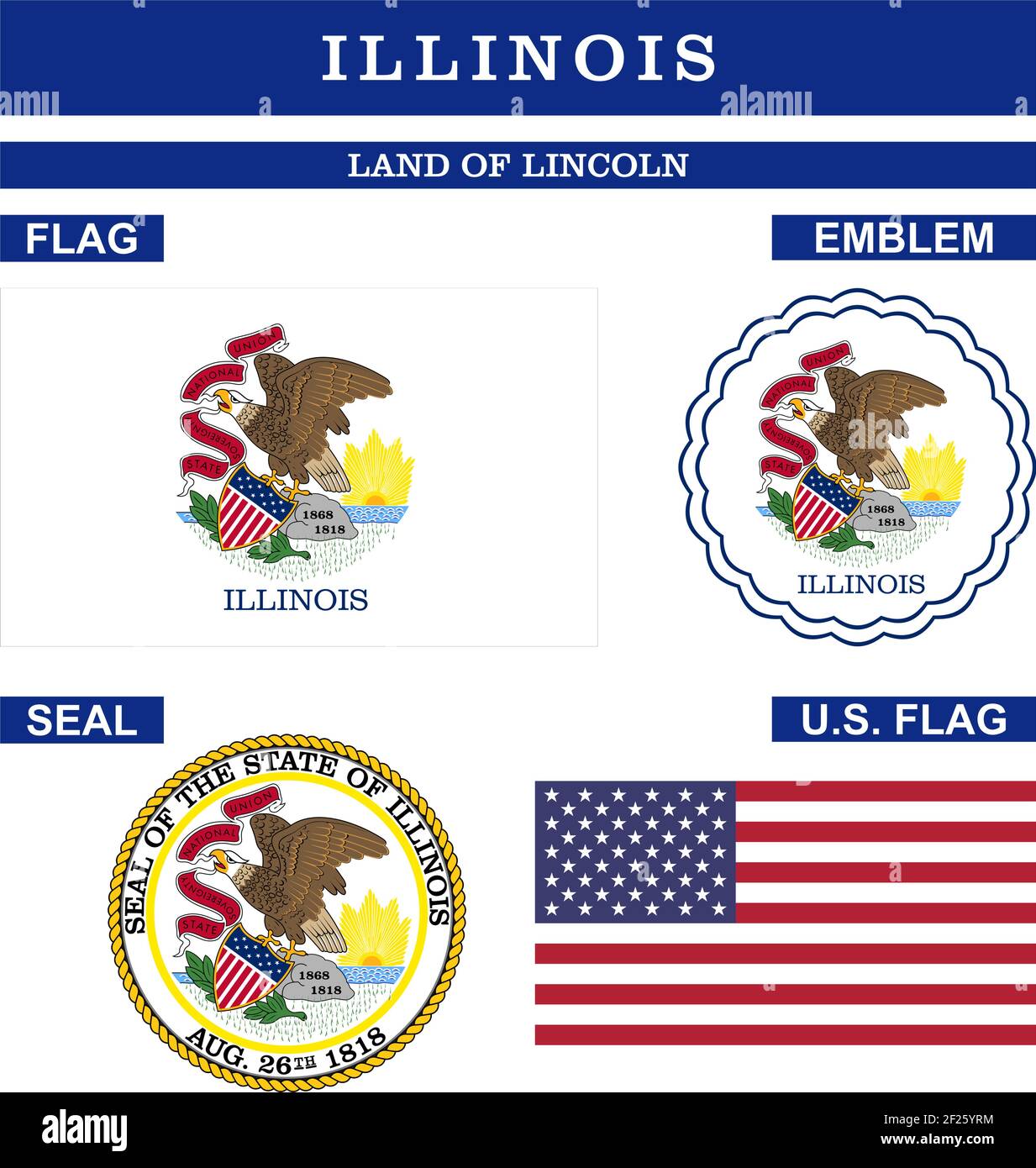 Illinois Symbol collection with flag, seal, US flag and emblem as vector. Land of Lincoln. Stock Vector