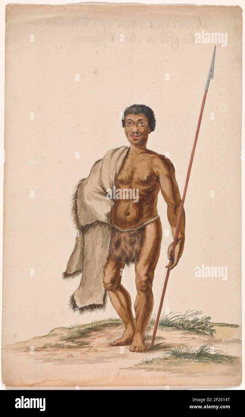 Khoikhoiman met assegaai.Black man dressed in white labic of animal sheet with around his right shoulder a reverse sheepskin. In his left hand he carries an assegaa (throw spear). It is striking its thin beard and musty. Perhaps a takeover of the Heeker of the Dutch in the Cape Colony. Stock Photo
