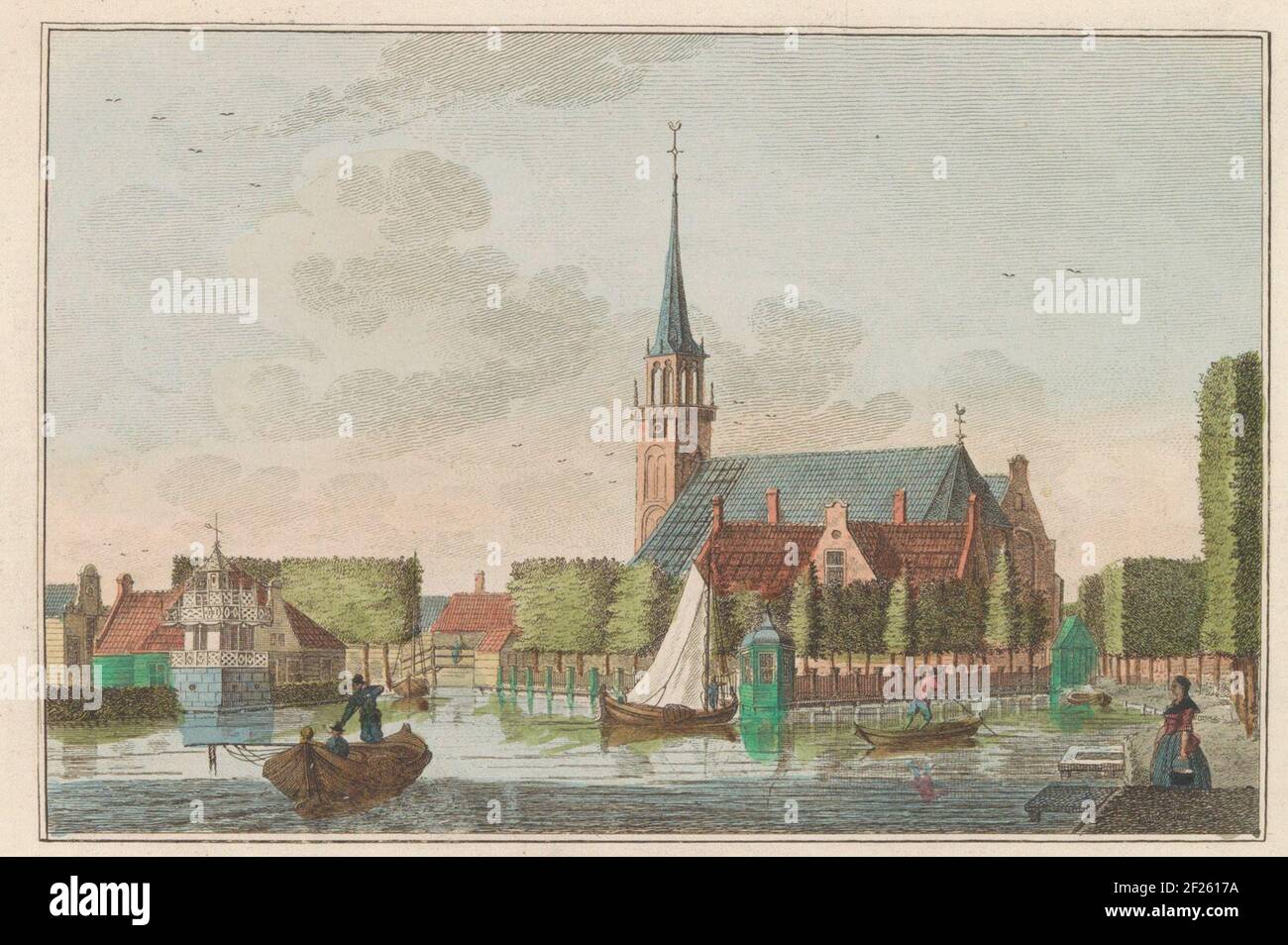Broek in Waterland, ca. 1790; Broek over 't Havenrak te Zien / Village de Broek - prise vis à vis du Havenrak.View of the village of Broek in Waterland, seen over the water, approx. 1790. Part of a sheet metal from approx. 1824-1825 with 74 (unnumbered) plates of the most important topographic faces and several morals and habits in the United Kingdom of the Netherlands. Stock Photo