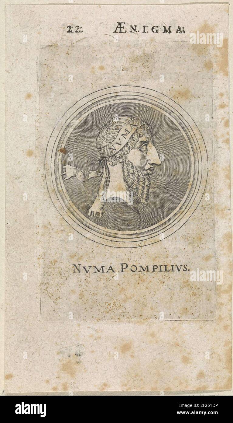Cup of Numa Pompilius, the second king of Rome. To an antique coin from the period of the Roman Empire. Stock Photo