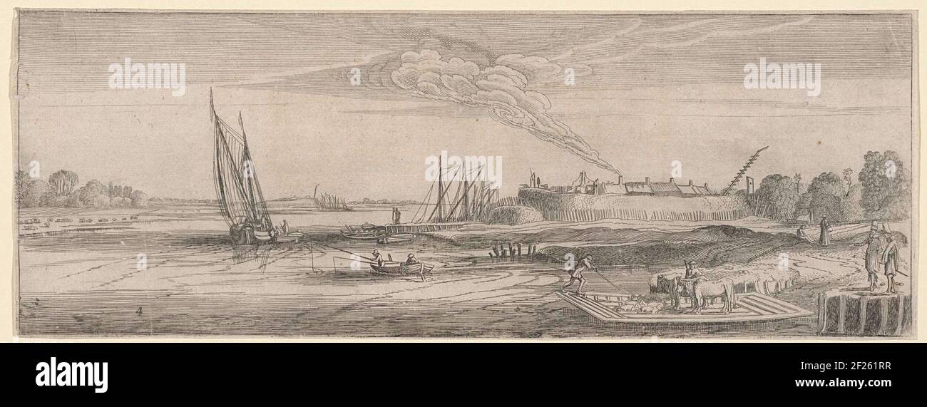 Veer bij een vesting in een rivierlandschap; Landschappen van oblong formaat.Figures and cattle with a spring over a river on which fishing and sailing ships also. On the left a fortress with houses. Print from a series of eight. Stock Photo