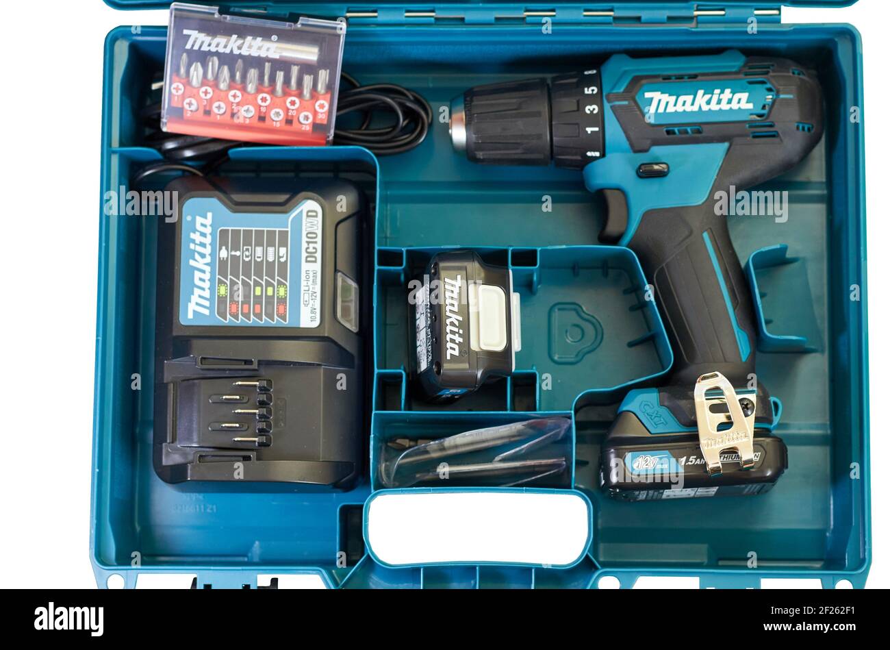 Grodno, Belarus- 01.22.2021: Makita screwdriver Box with charging, battery  and bit Sets Stock Photo - Alamy