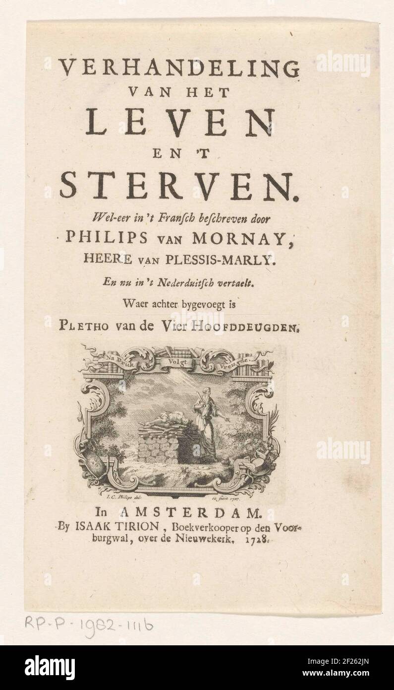 Abraham en het offer van Isaak; Titelpagina voor: Philips van Mornay, Verhandeling van het leven en 't sterven, 1728.Abraham is about to sacrifice his son Isaac. Instead of his own son, Abraham will sacrifice the RAM, which can be seen on the right. Around a picture frame with minerva shield and winged hat from Mercury. Printing brand of Isaak Tirion with motto after pressure comes joy. Stock Photo
