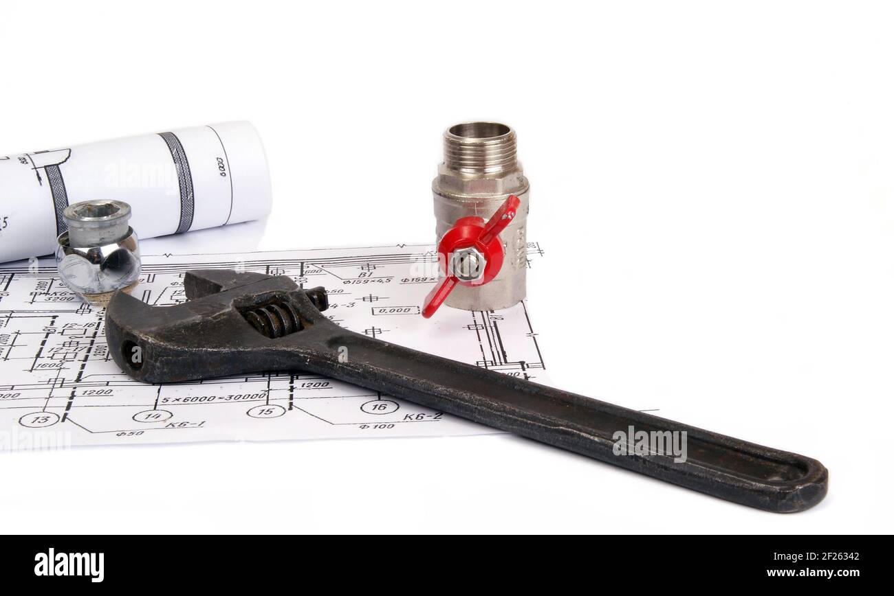 Plumbing parts and tools for drawing, closeup Stock Photo - Alamy
