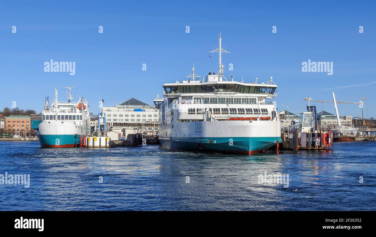 HELSINGBORG, SWEDEN - MARCH 08,2021: Aurora the battery powered passanger and freight ferry sails into Helsingborg harbour in Sweden. Stock Photo