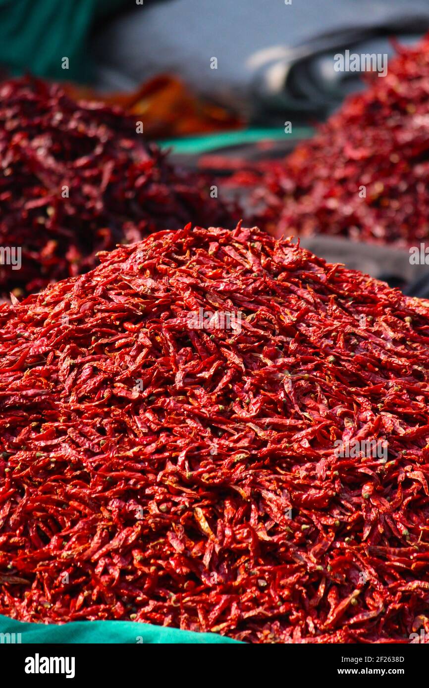 Heap of dried red chilly kept outside a shop in a spice market Stock Photo  - Alamy